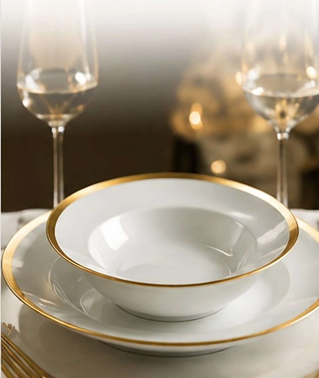 Gilt-rimmed bone china plates laid for fine dining