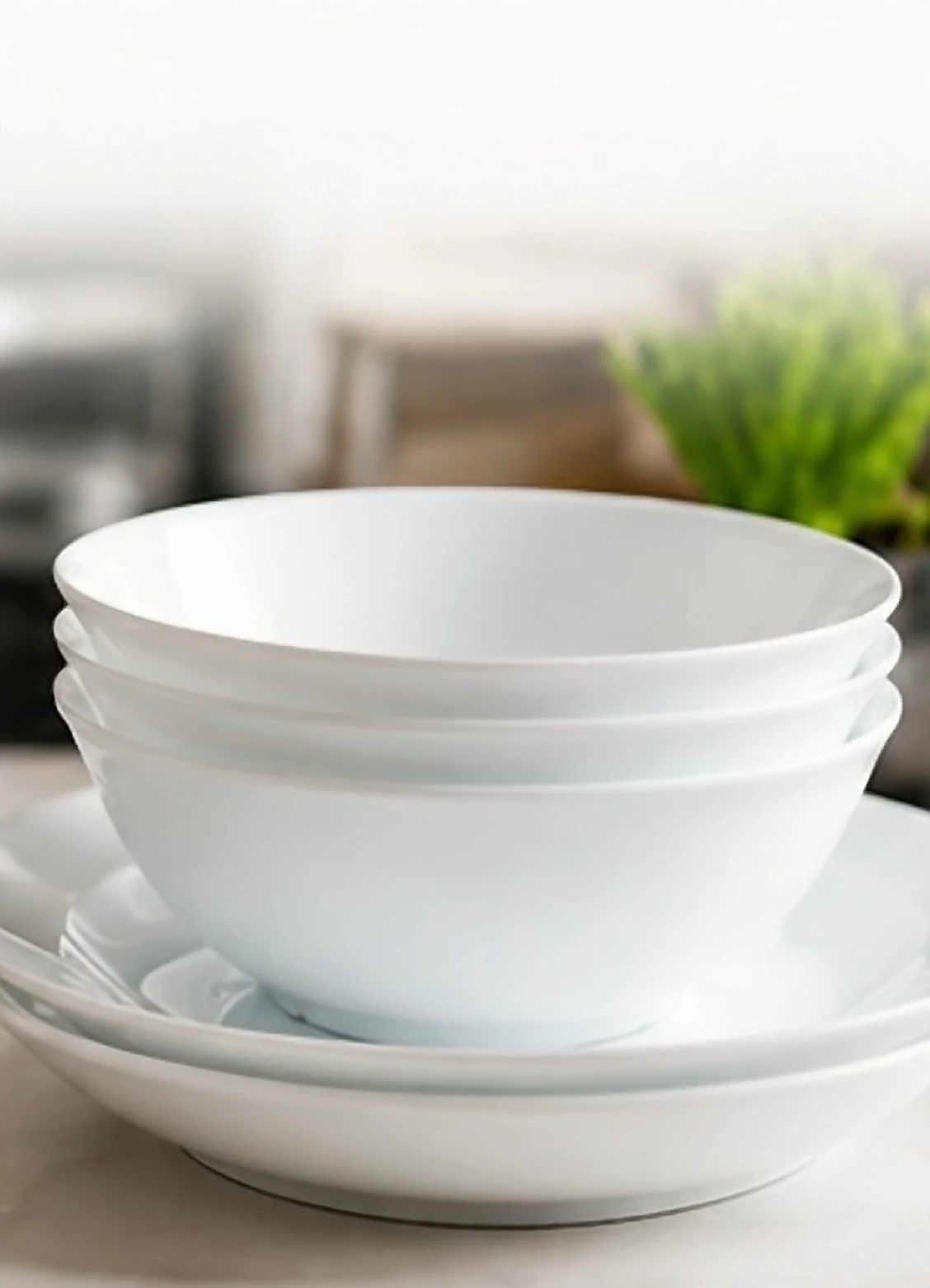 Stacked opal ware bowls and plates in a catering kitchen