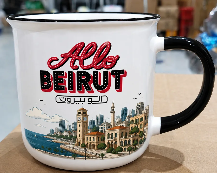 The same mug printed with the Alo Beirut logo and a Beirut skyline