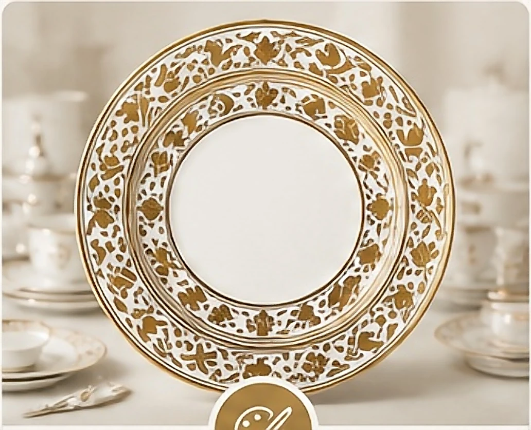 A gilt patterned plate on a laid table