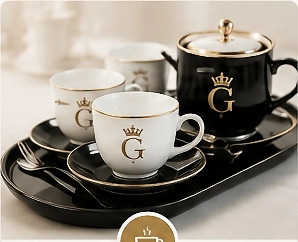 Branded coffee cups and a gold-lidded pot on a service tray