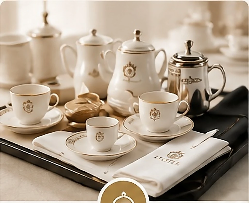 A branded hotel tea service laid out with napkins and a coffee pot