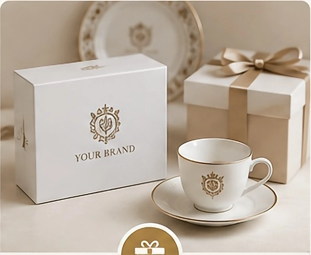 A branded gift box beside a crested cup and saucer