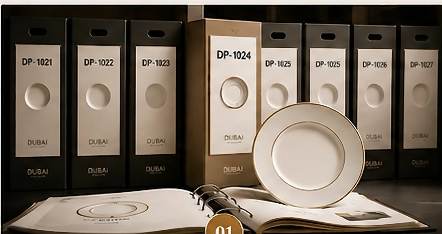 Archived pattern boxes beside a matching gilt-rimmed plate