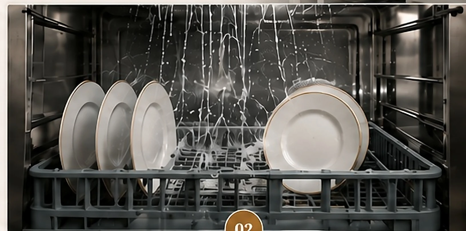 Plates racked in a commercial dishwasher mid-cycle