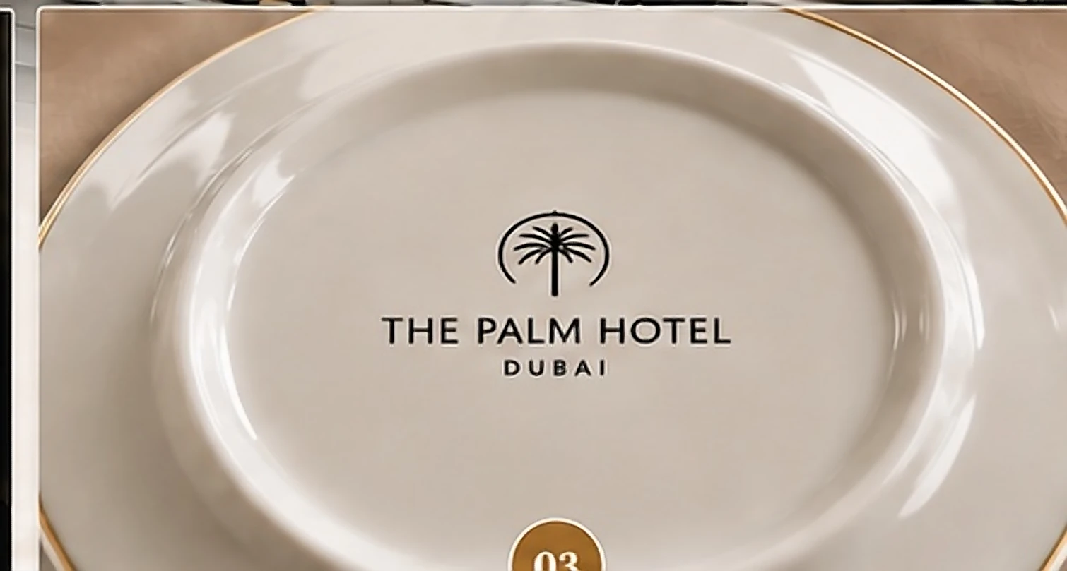 An oval platter carrying a hotel crest fired under the glaze